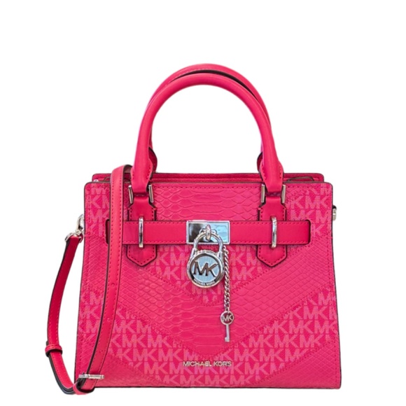 Michael Kors Hamilton Small Satchel Shoulder Bag MK Electric Pink Multi Exotic